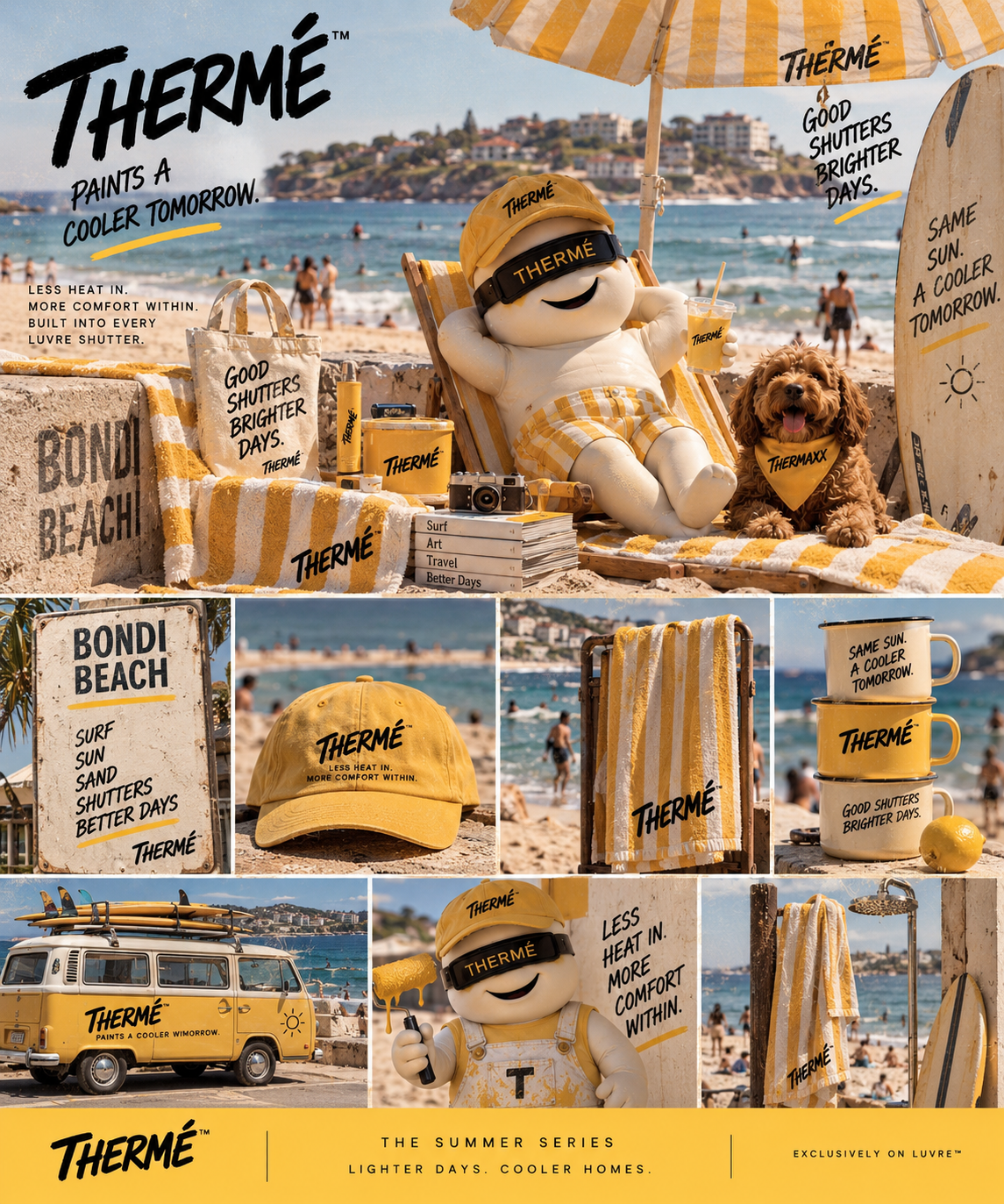 Thermé Summer Series artwork: the Thermé character and Thermaxx enjoying a bright day at Bondi Beach, with yellow and white beach accessories.